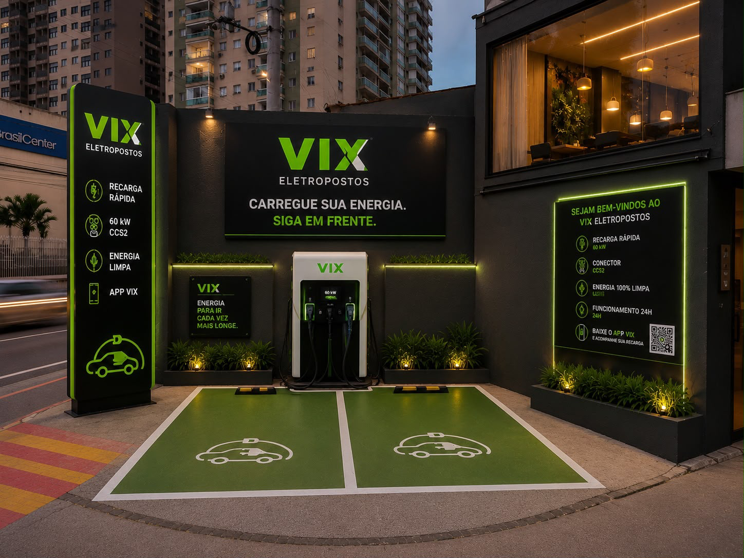 Eletroposto VIX ELETROPOSTOS em Praia de Itaparica, com dois pontos de recarga rápida DC 60 kW e 80 kW e sinalização iluminada